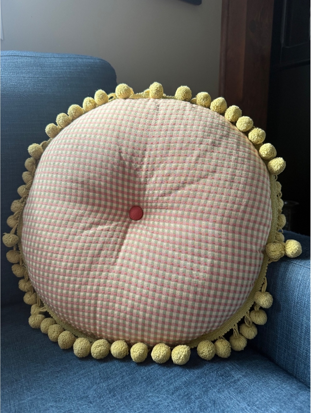 Vintage Round Gingham Pillow with Pom Pom Trim | Cottage Farmhouse Accent Pillow